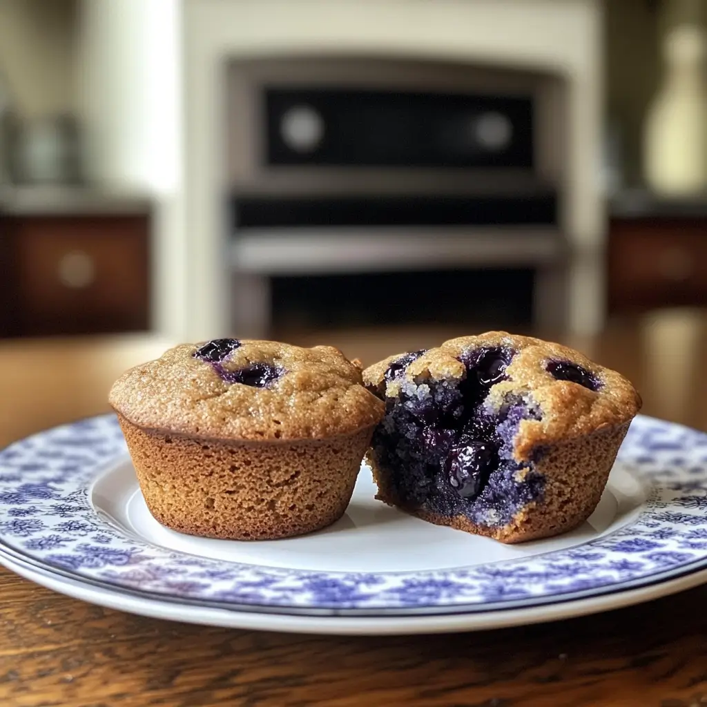 Vegan blueberry muffins served whole and cut open.