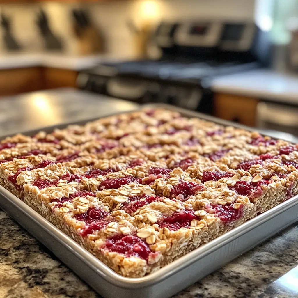 Raspberry oatmeal bars layered in a baking pan before baking.