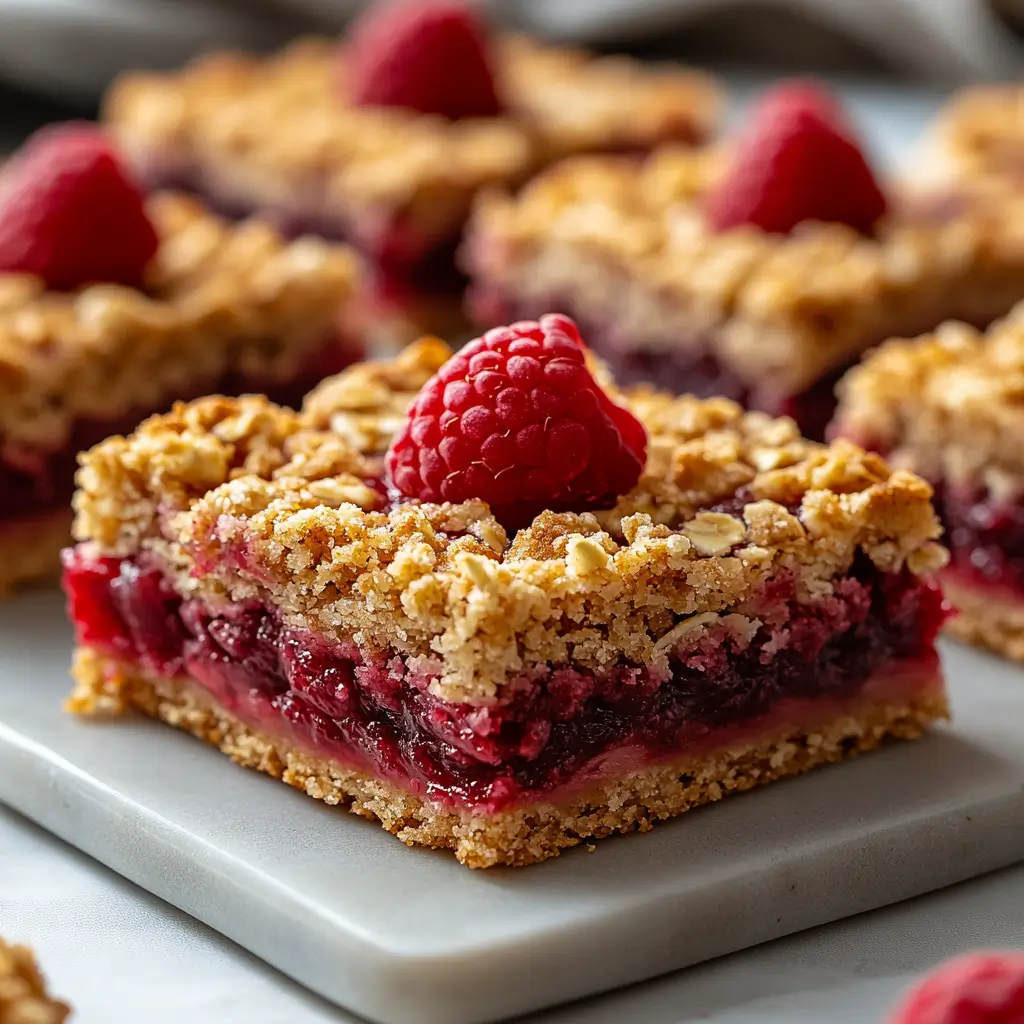 Close-up of raspberry oatmeal bars with oat crumble and raspberry filling on a white surface.