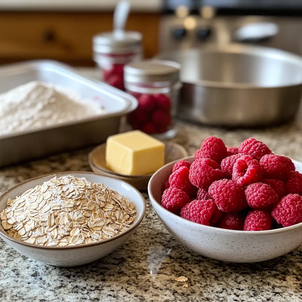Raspberry oatmeal bar ingredients including oats and fresh raspberries.