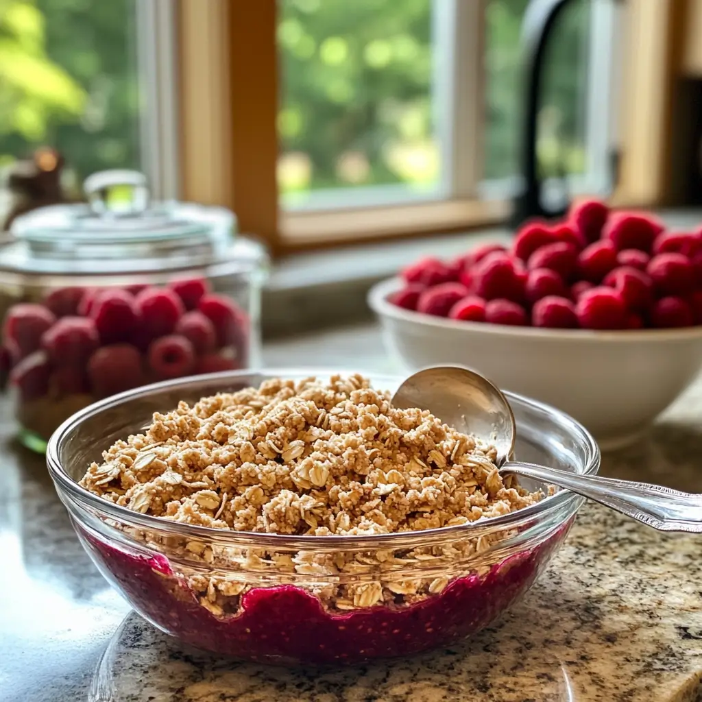 Oat crumble mixture and raspberries on a kitchen counter.