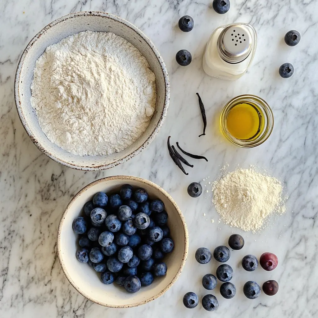 Vegan blueberry muffin ingredients including blueberries, flour, and plant milk.