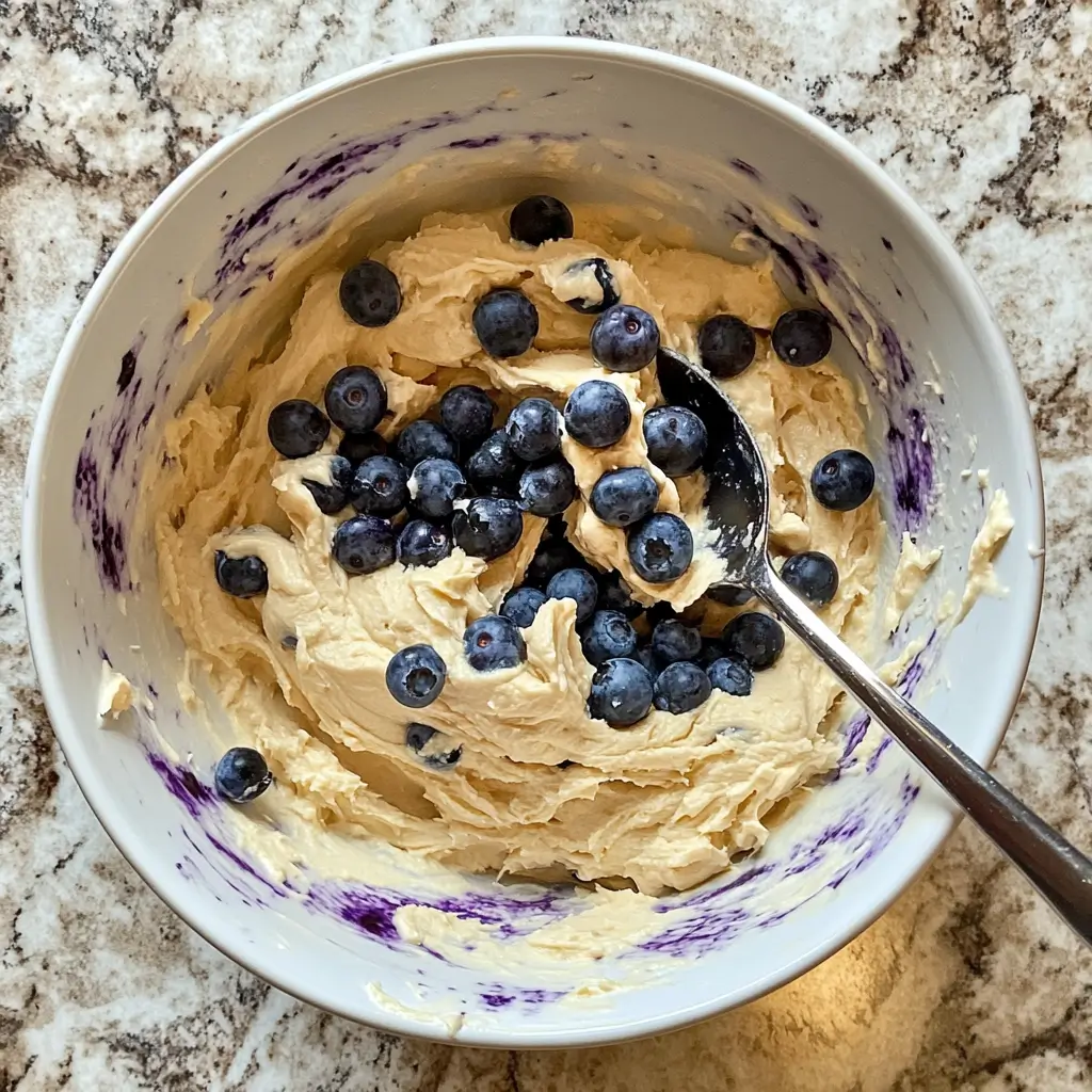 Blueberries mixed into vegan muffin batter in a bowl.
