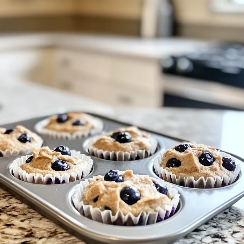 Vegan blueberry muffin batter in a muffin tin before baking.
