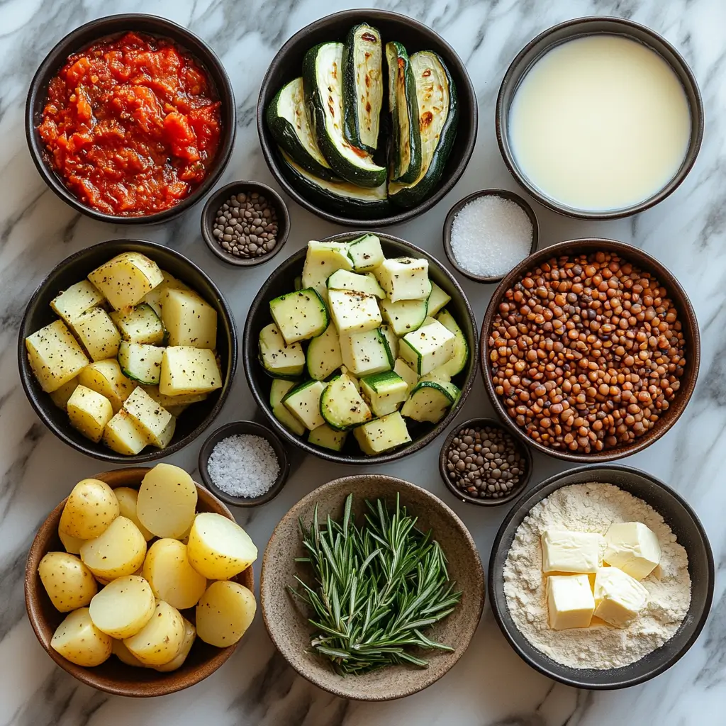 Ingredients for vegetarian moussaka arranged neatly on a marble counter.