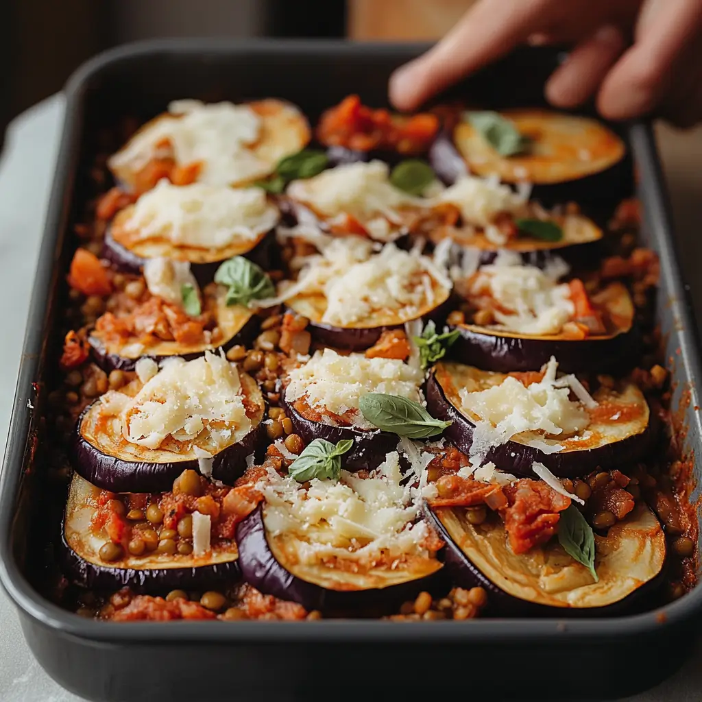 Steps showing layering and baking vegetarian moussaka with lentils.