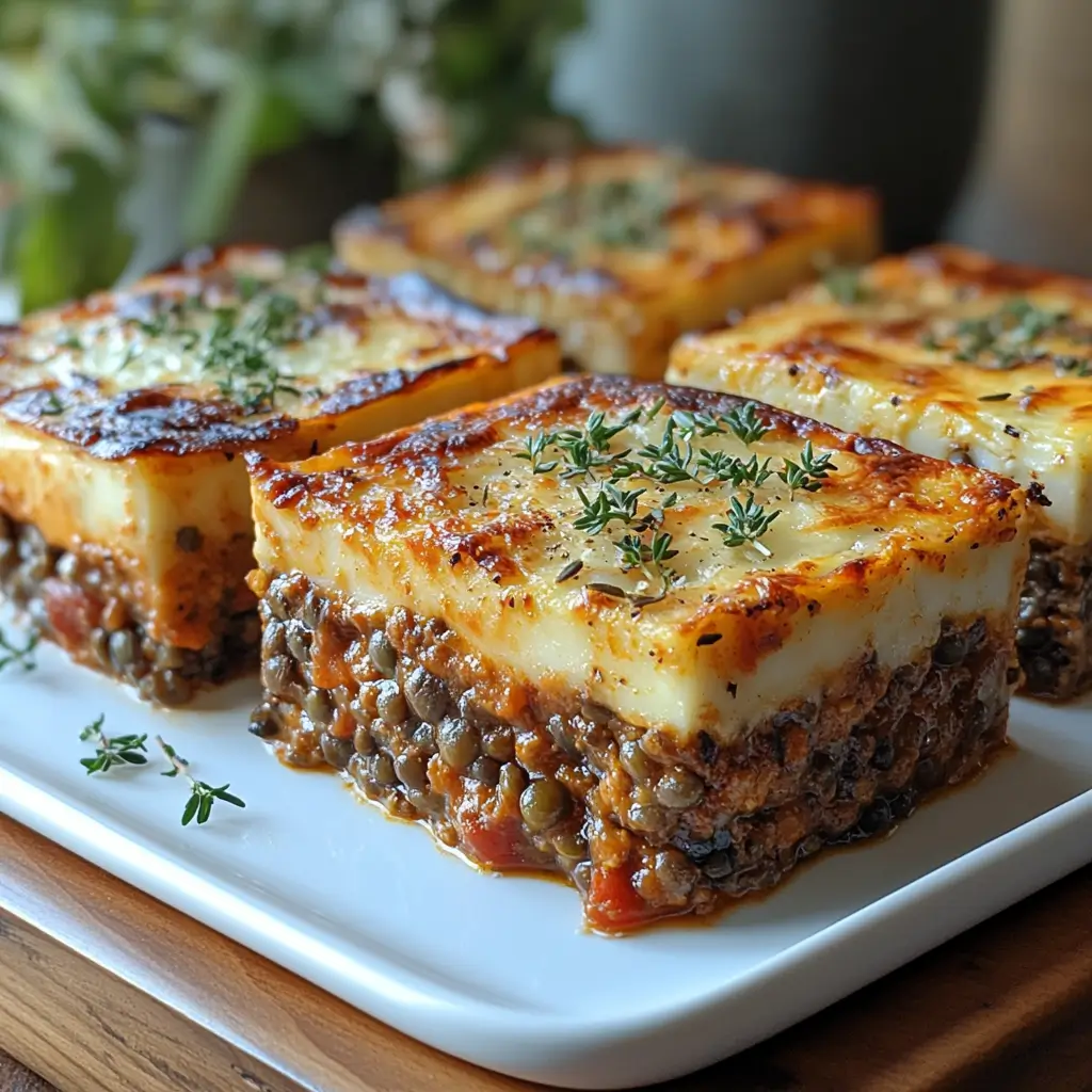 Different variations of vegetarian moussaka with lentil and béchamel layers.