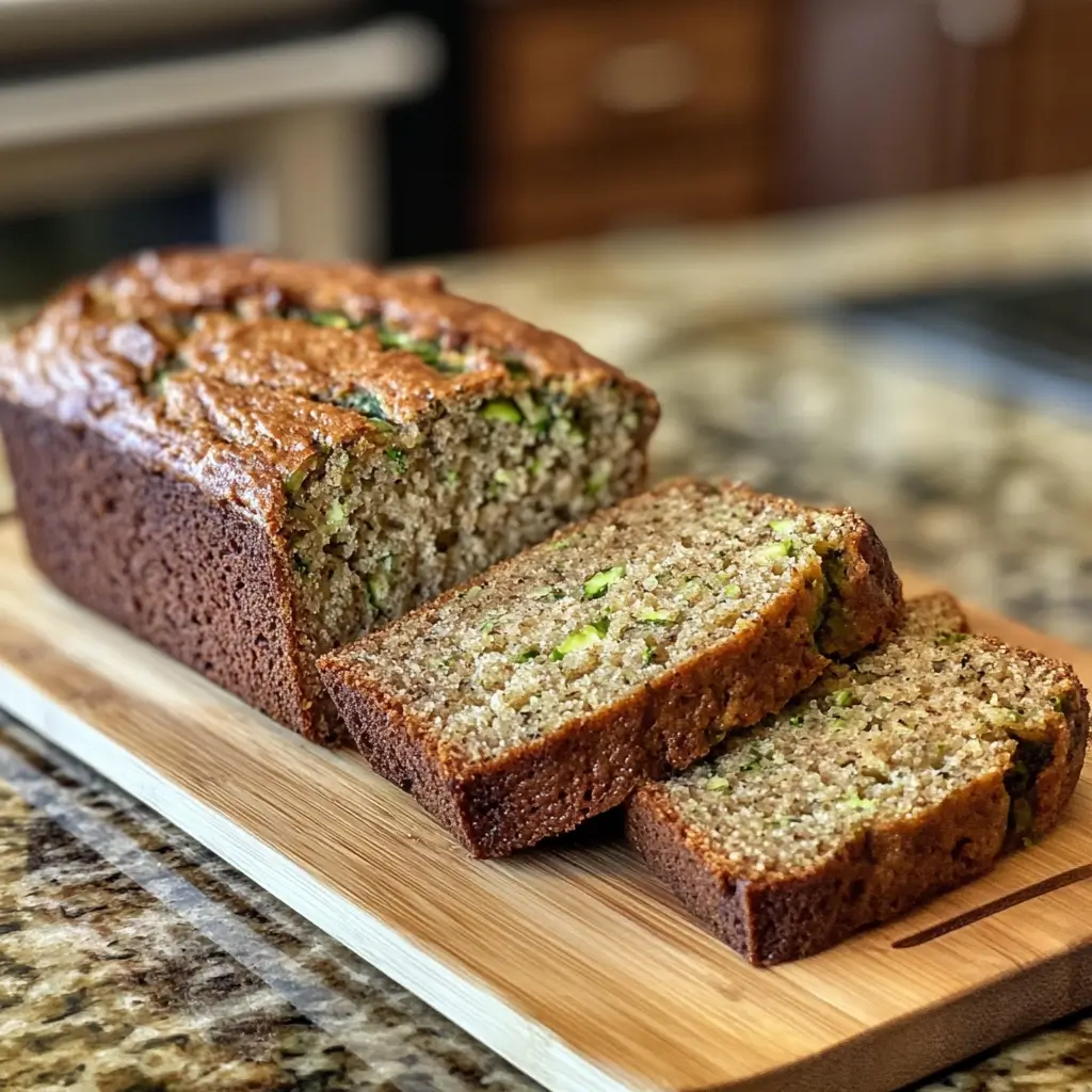 Sliced zucchini bread on a cutting board in a kitchen.