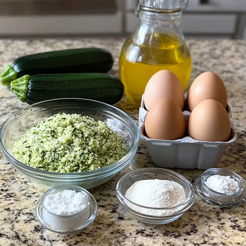 Zucchini bread ingredients including zucchini, flour, eggs, and spices.