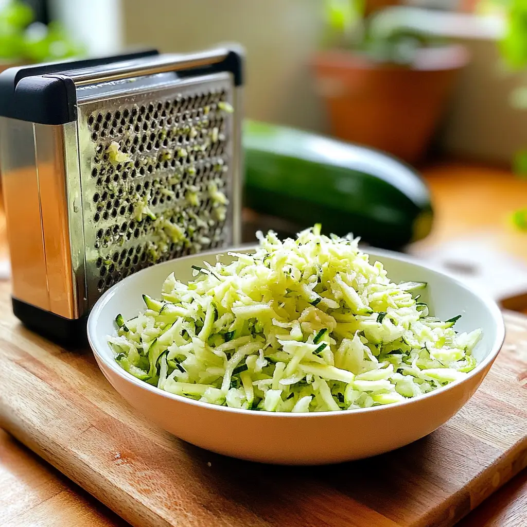 Grated zucchini with a box grater on a kitchen counter.
