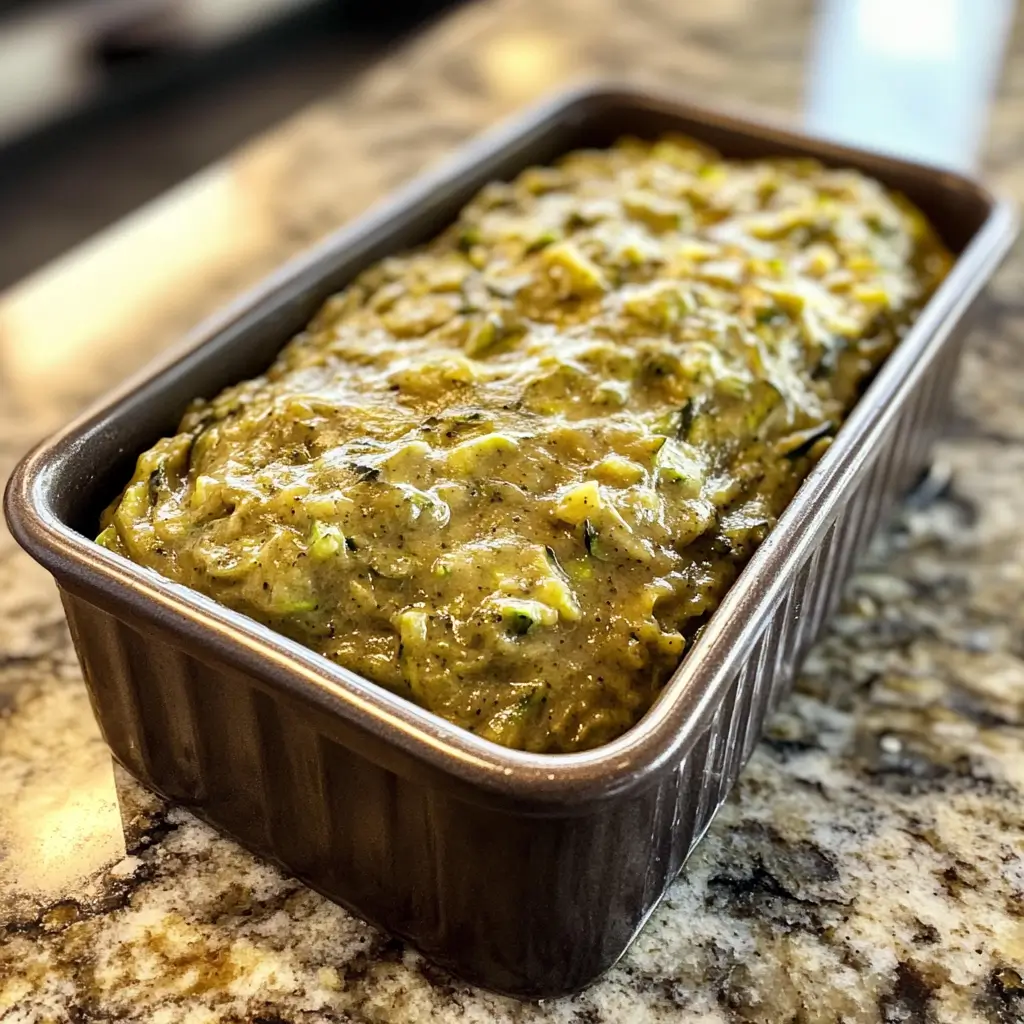Zucchini bread batter in a loaf pan before baking.
