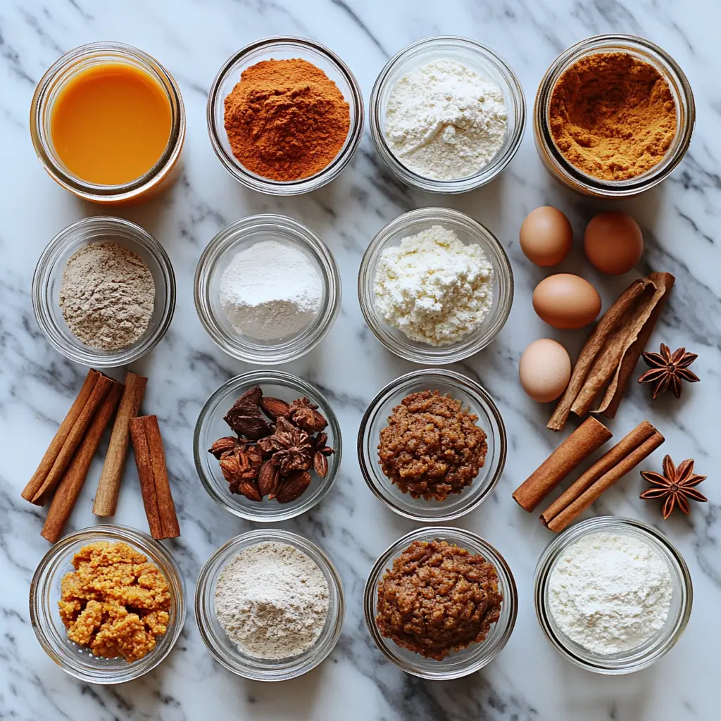 Ingredients for pumpkin spice muffins arranged on a marble counter.