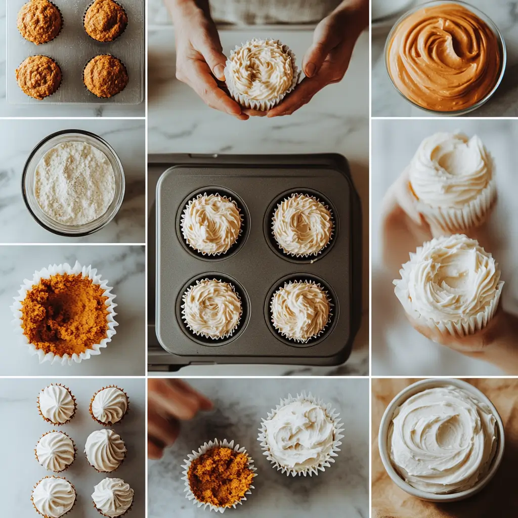 Step-by-step process of making and frosting pumpkin spice muffins.