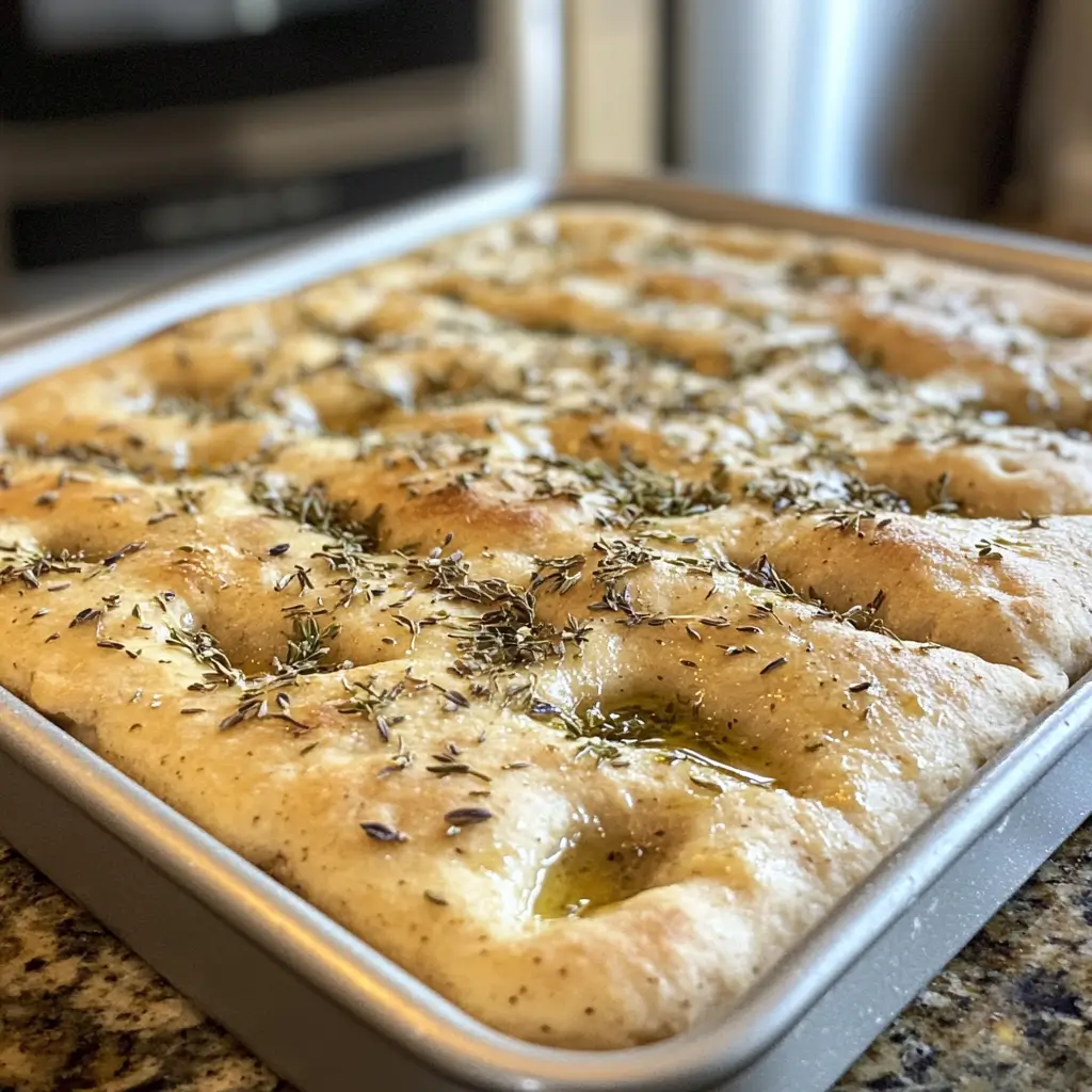Dimpled whole wheat focaccia dough in a baking pan.