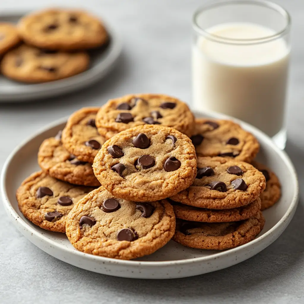 Dairy-free chocolate chip cookies with almond milk on a white plate.
