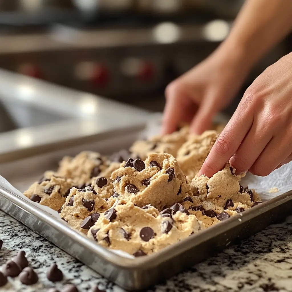 Mixing dairy-free cookie dough with chocolate chips.