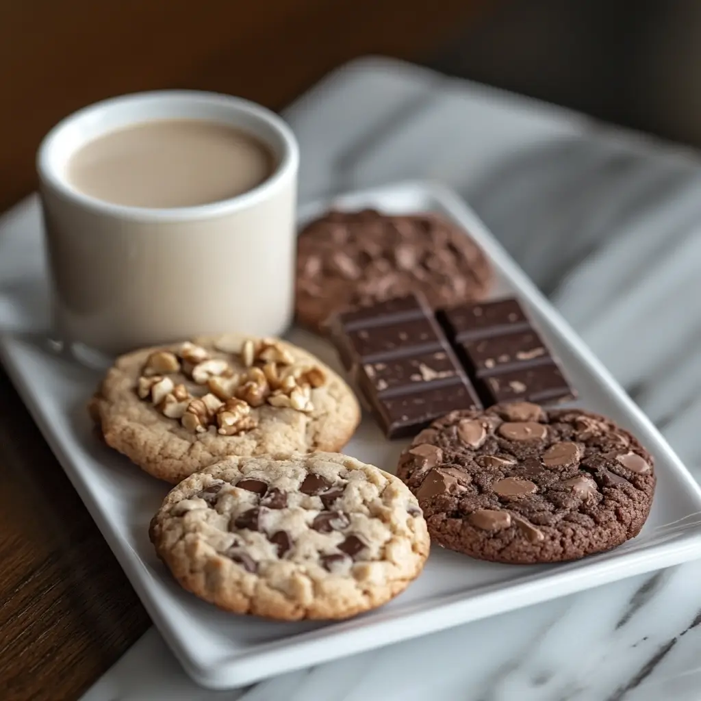 Different variations of dairy-free chocolate chip cookies with nuts and chocolate.
