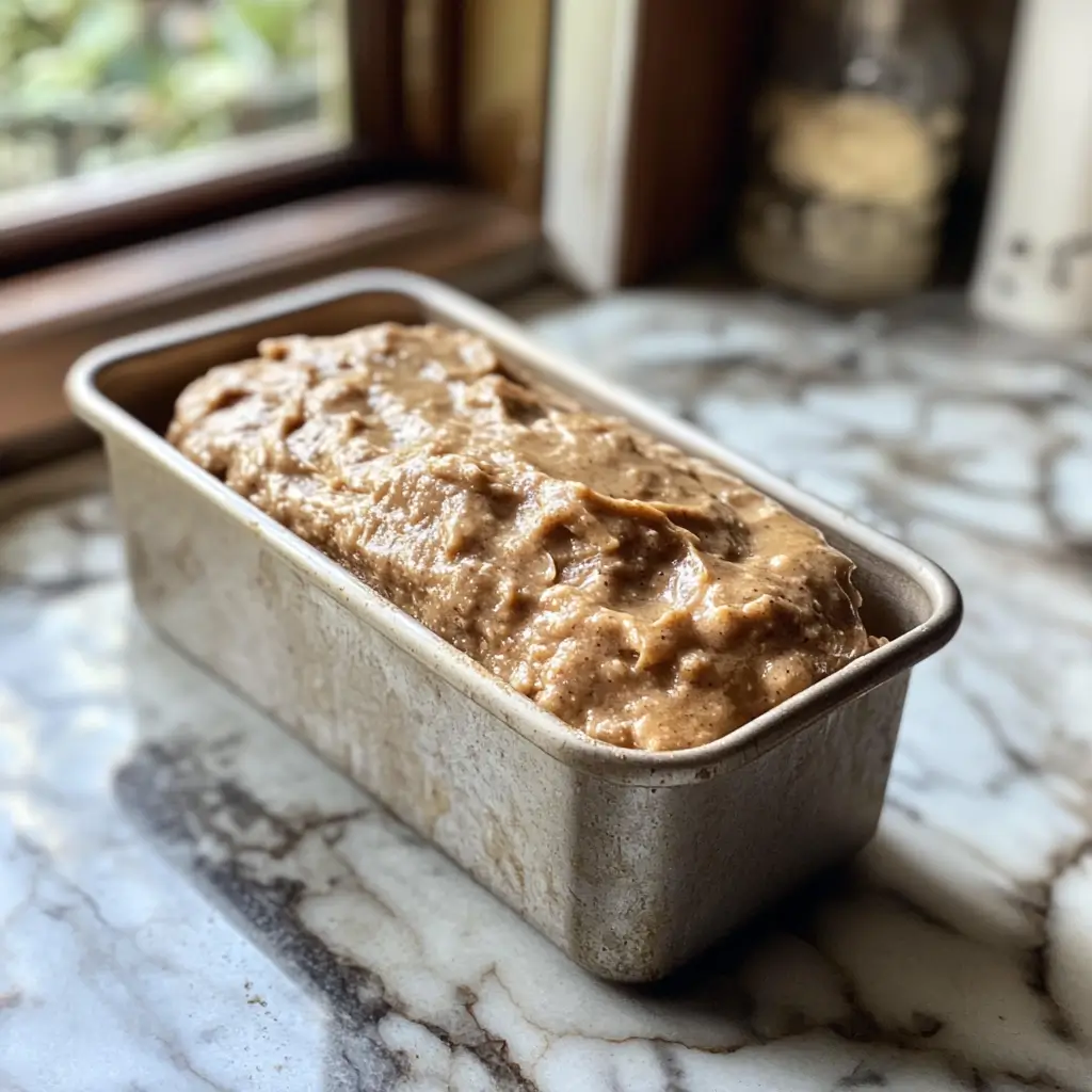 Banana bread batter in a loaf pan before baking.