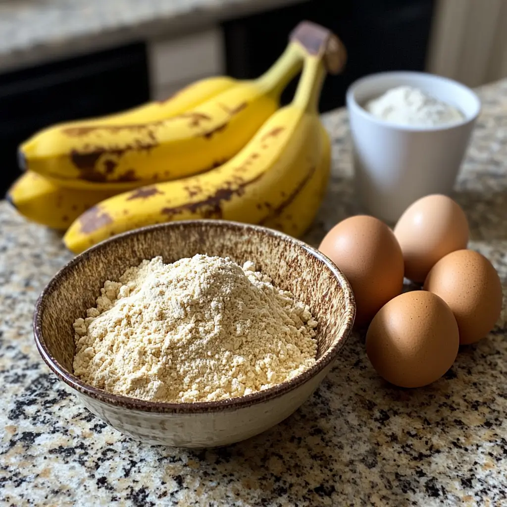 Ripe bananas and gluten-free baking ingredients on a counter.