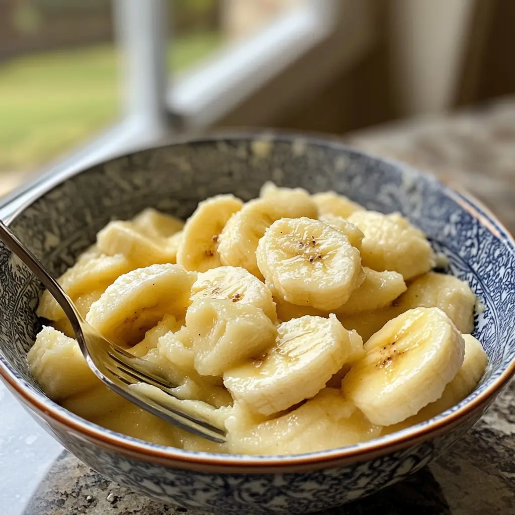 Mashed bananas in a bowl for banana bread batter.