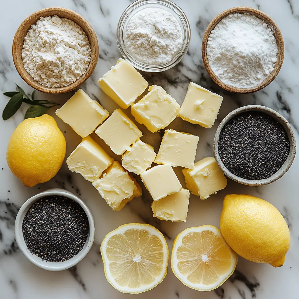 Ingredients for lemon poppy seed scones arranged neatly on a kitchen counter.