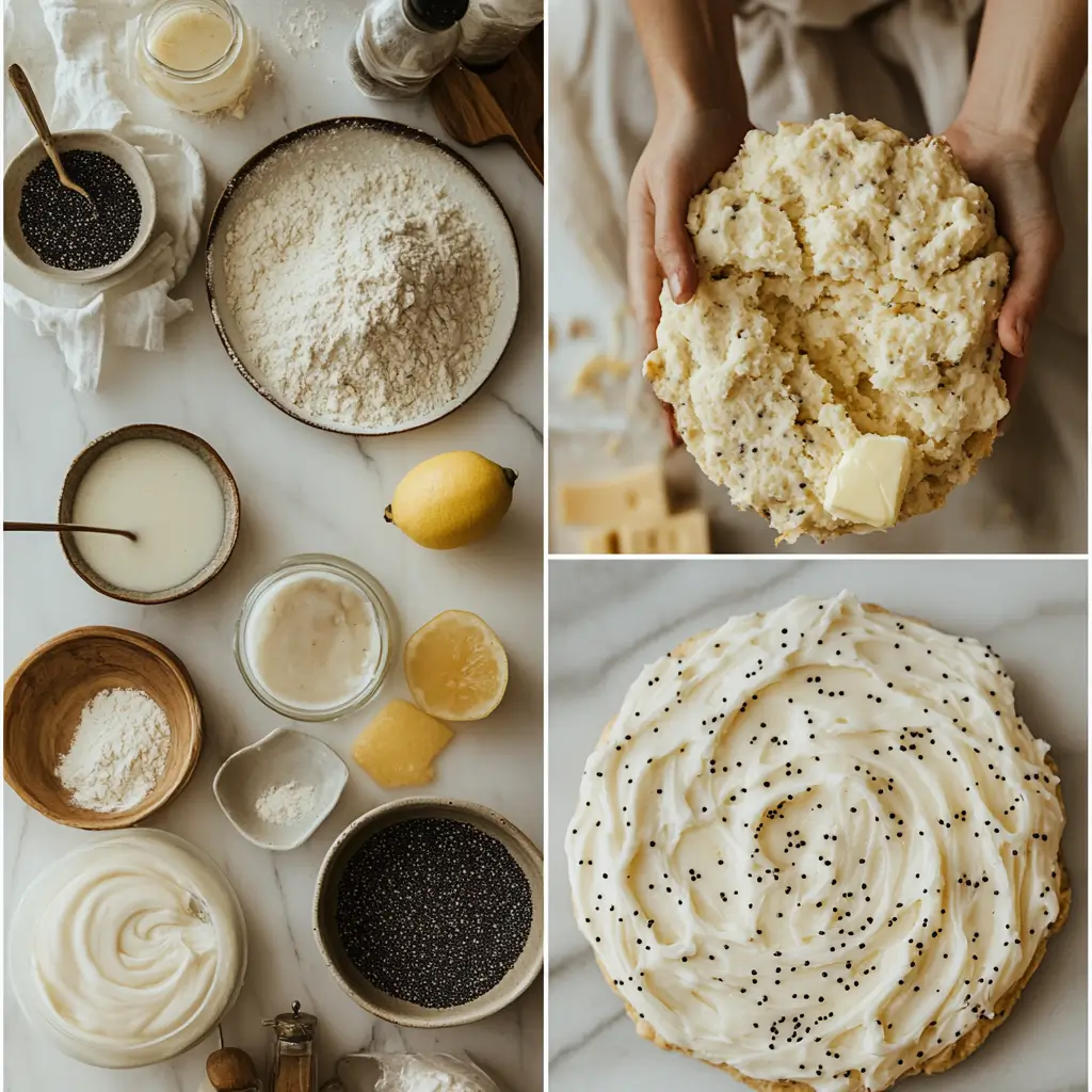 Step-by-step preparation of lemon poppy seed scones with glaze.