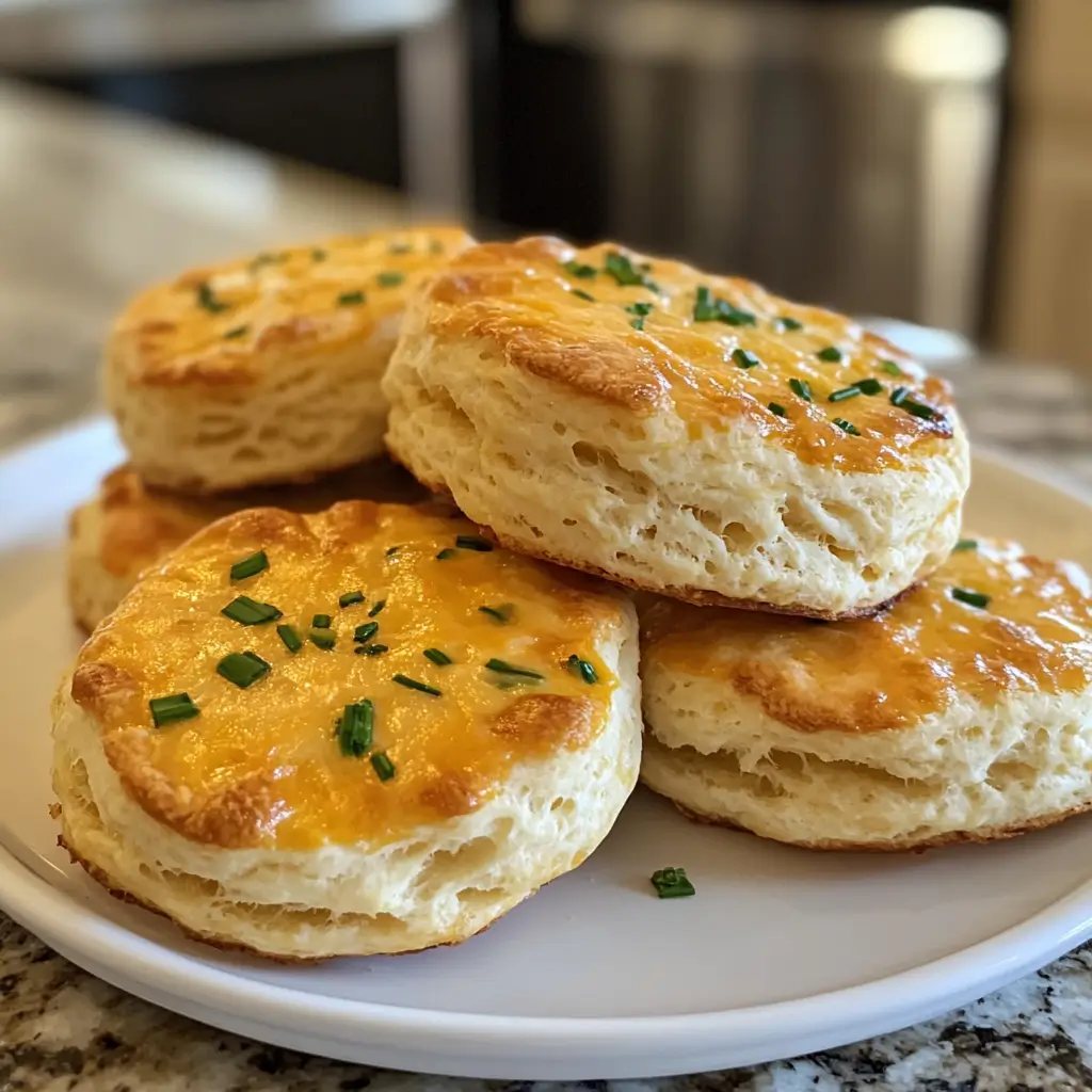 Cheddar chive biscuits stacked on a plate in a kitchen.