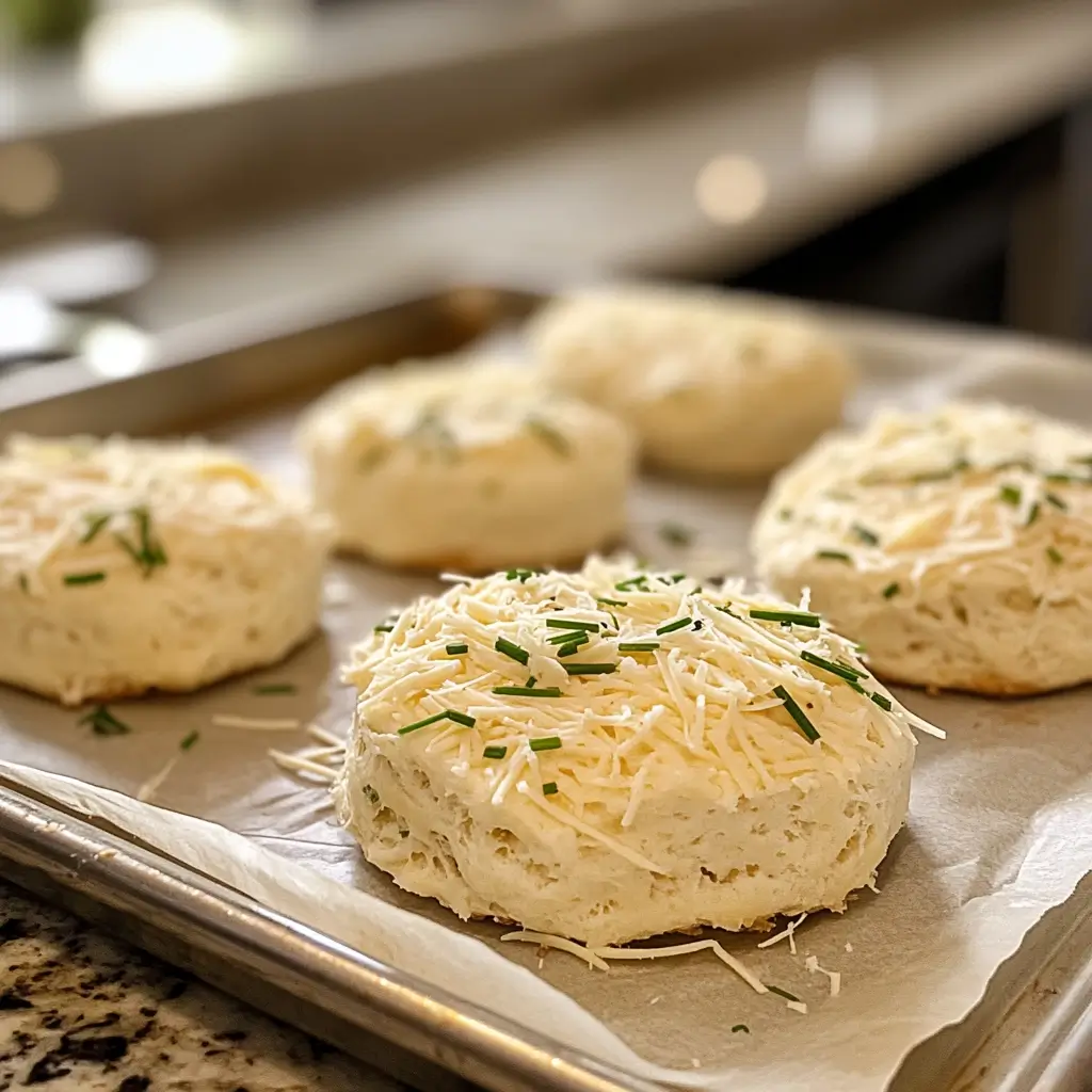 Unbaked cheddar chive biscuits on a baking sheet.