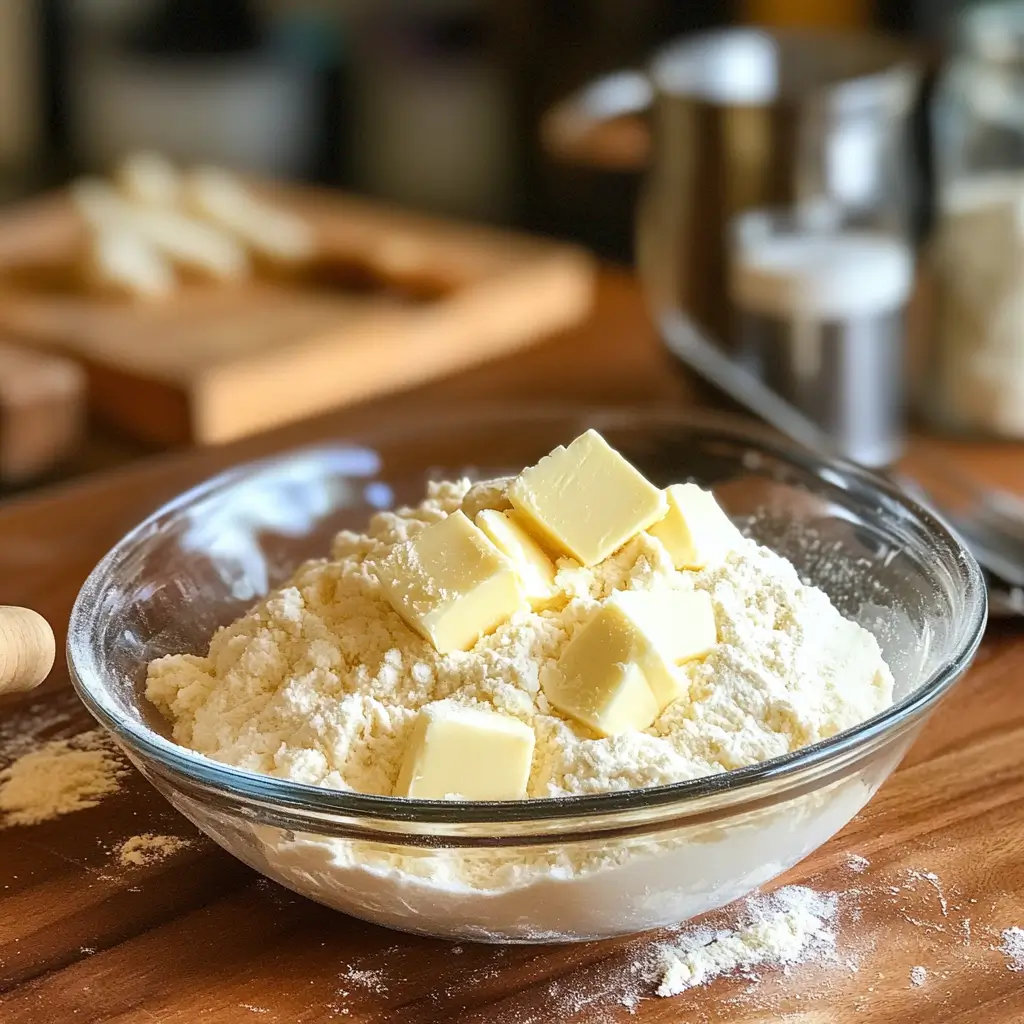 Butter being mixed into flour for cheddar chive biscuit dough.