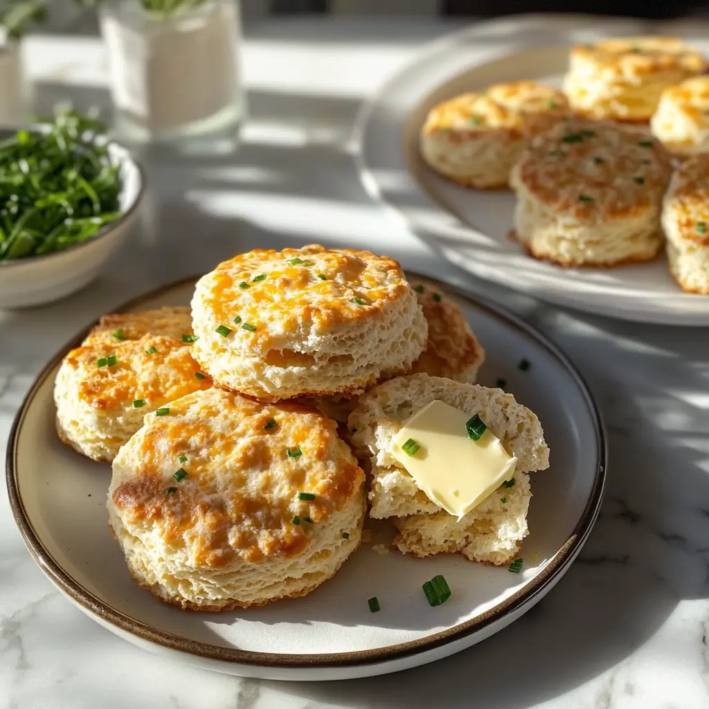 Cheddar chive biscuits served plain and buttered.