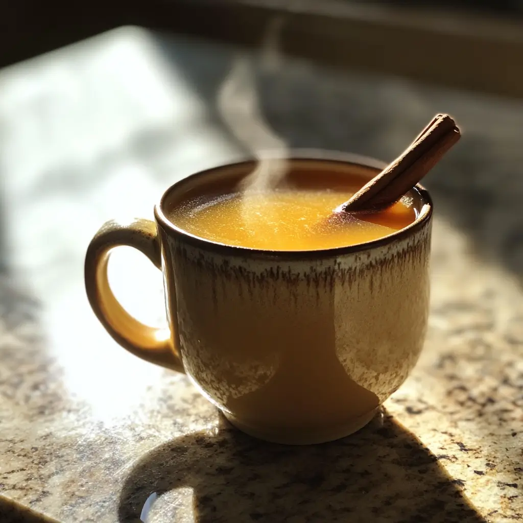 Cinnamon apple cider in a mug with a cinnamon stick.