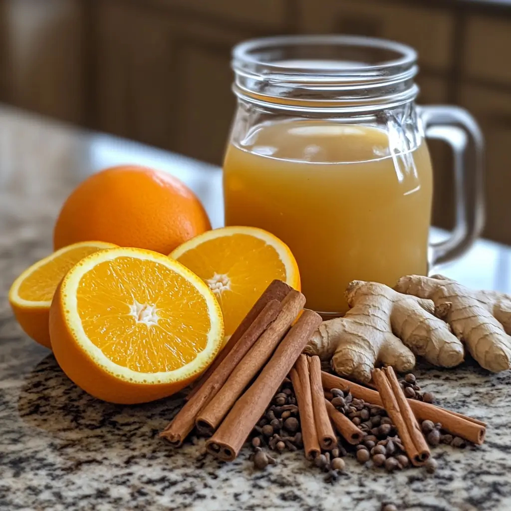 Apple cider and spices for cinnamon apple cider on a counter.
