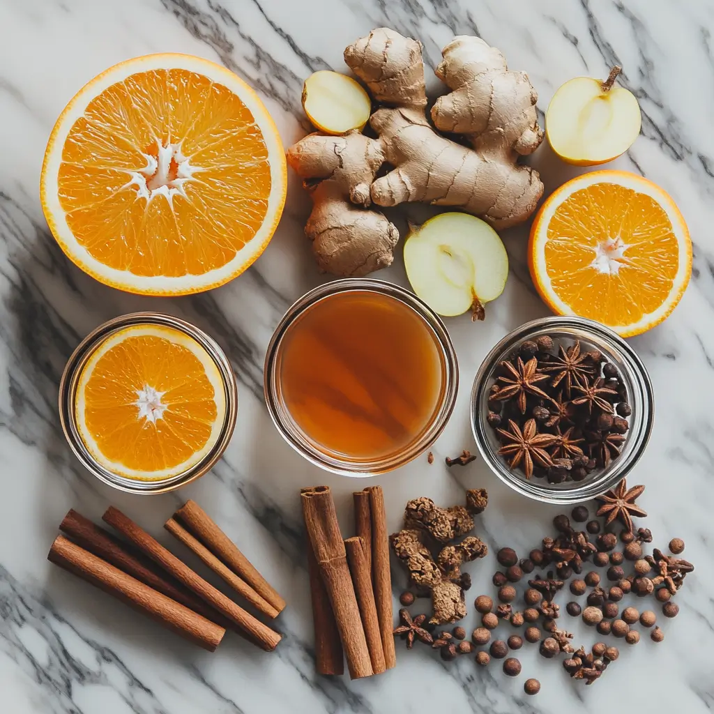 Ingredients for cinnamon apple cider including apples, cinnamon sticks, and orange slices.