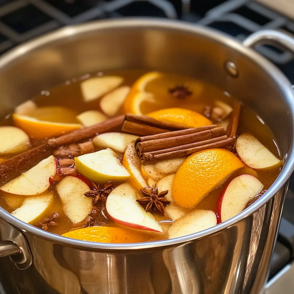 Apple cider and spices in a pot before simmering.