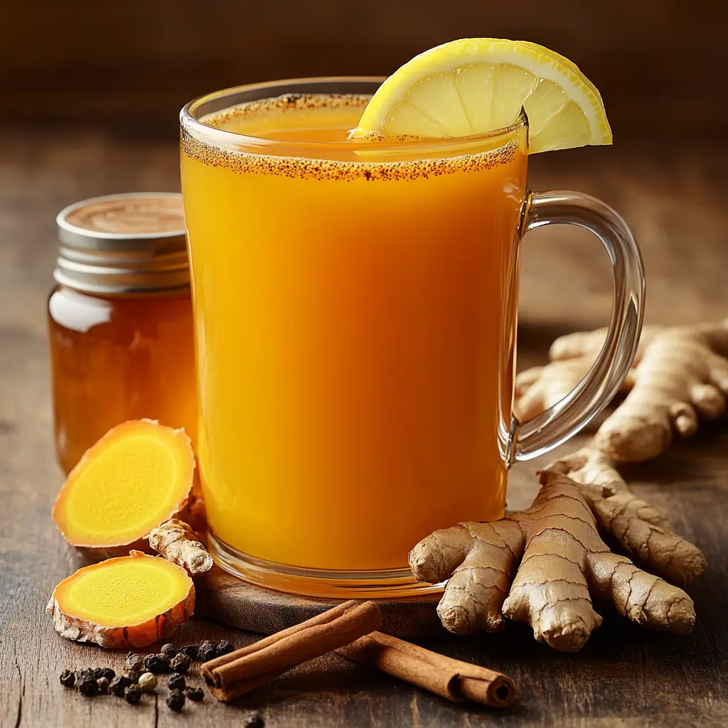 Golden ginger turmeric tea in a mug with lemon and honey on a wooden table.