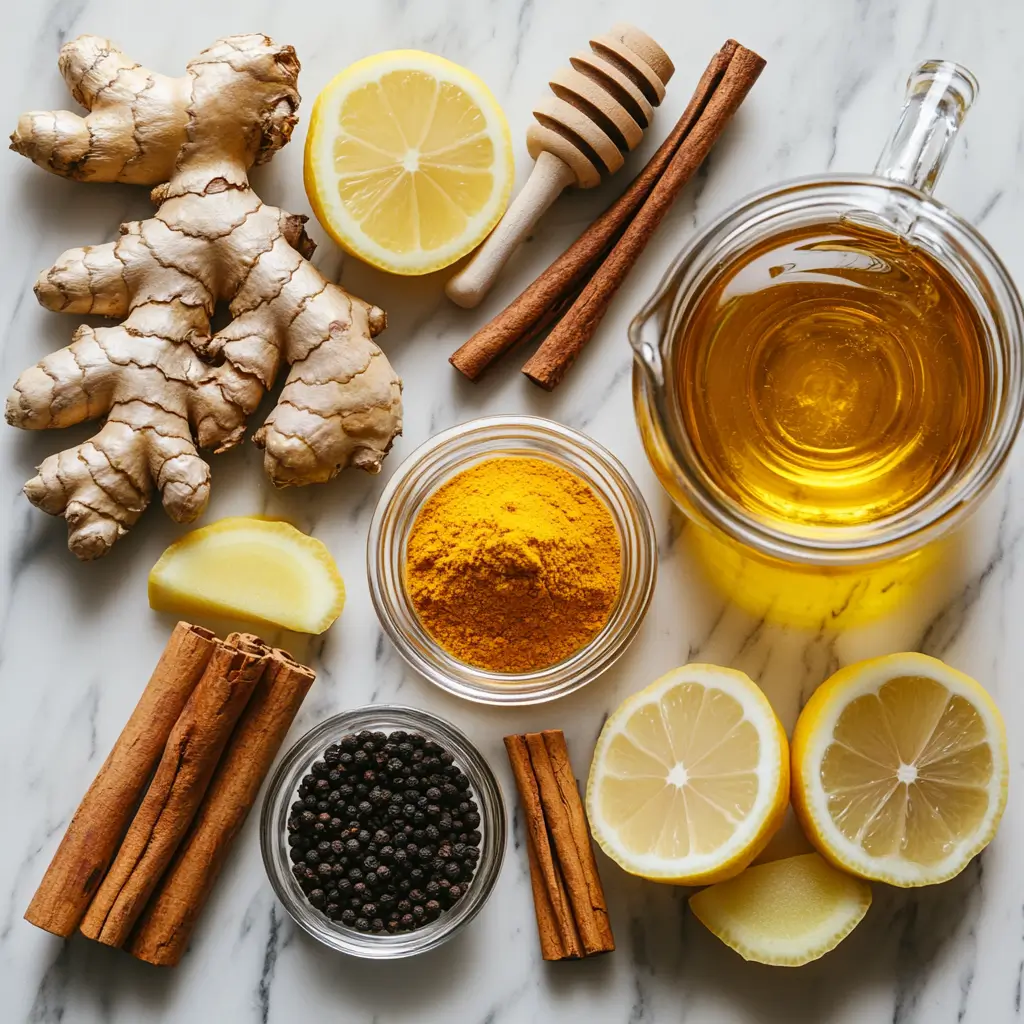 Ingredients for ginger turmeric tea on a marble countertop.