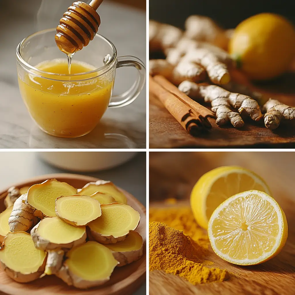 Steps showing how to make spicy ginger turmeric tea in a home kitchen.