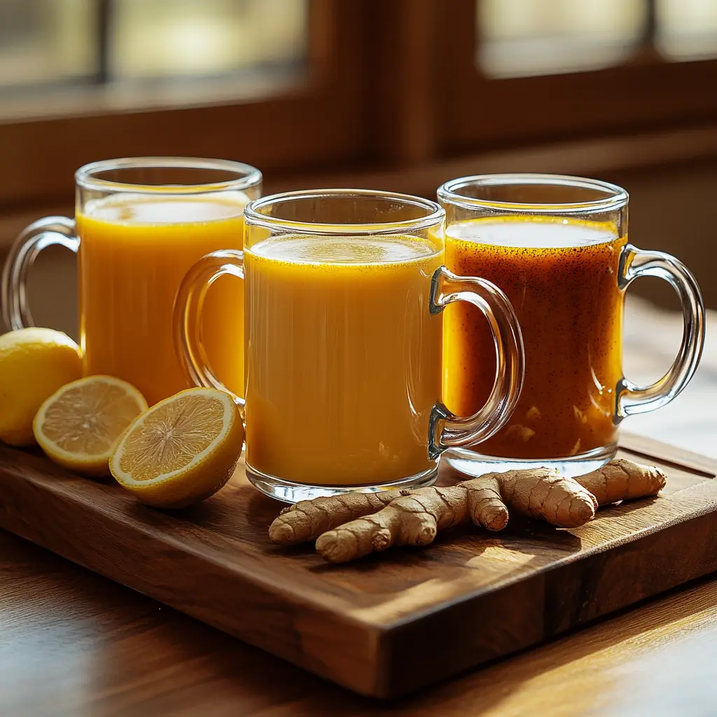 Three variations of ginger turmeric tea with different ingredients and spices.