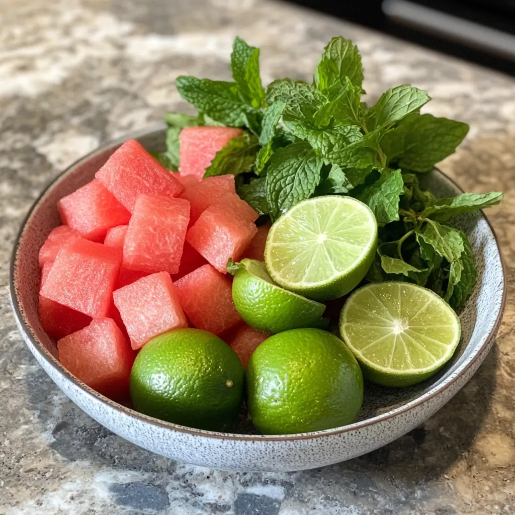 Cubed watermelon, mint leaves, lime, and ice on a kitchen counter.