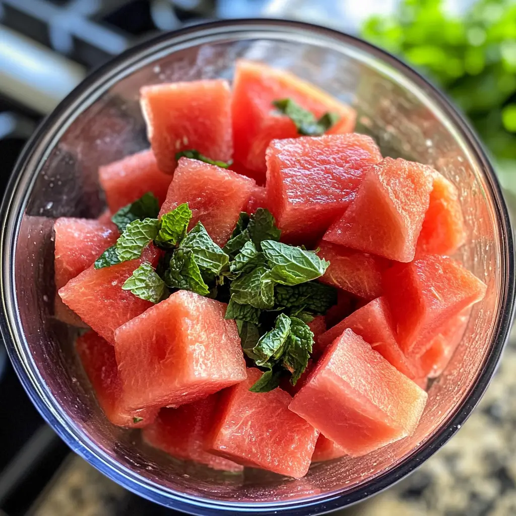 Watermelon and mint in a blender before blending.