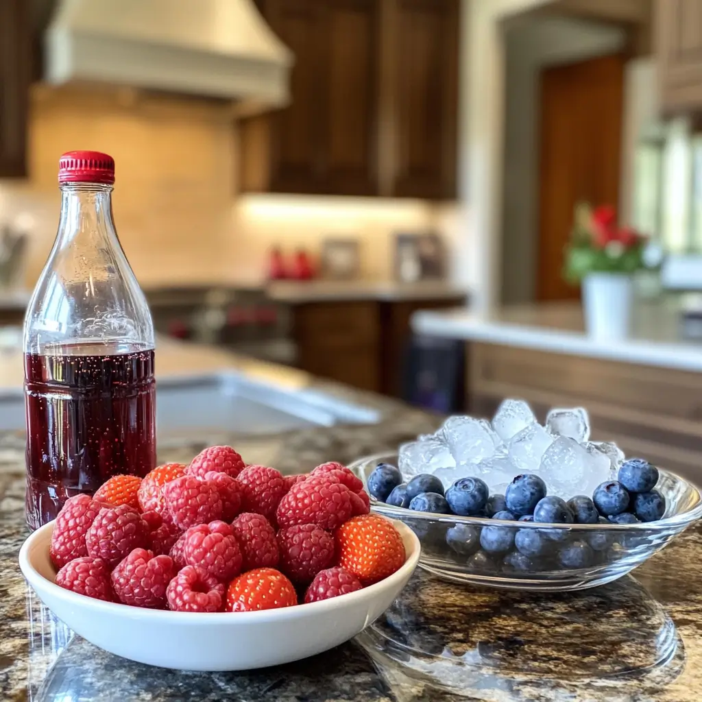 Fresh berries, sparkling water, and ice on a kitchen counter.