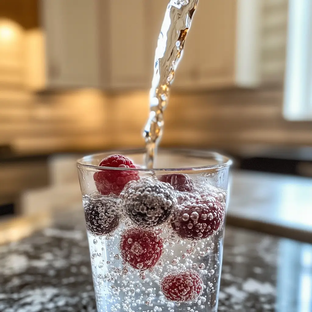 Sparkling water poured into a glass with berries.