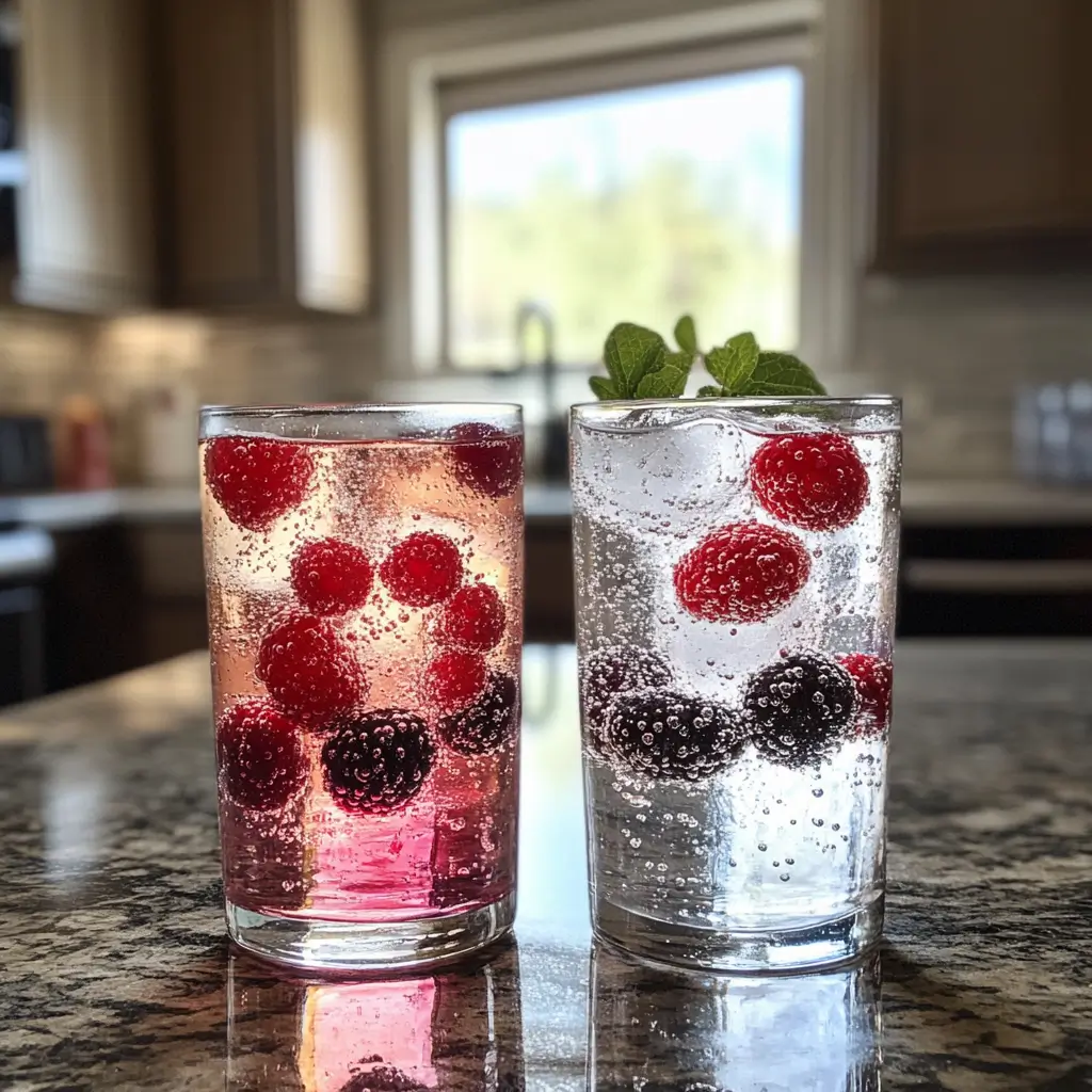 Two glasses of berry infused sparkling water with different berries.