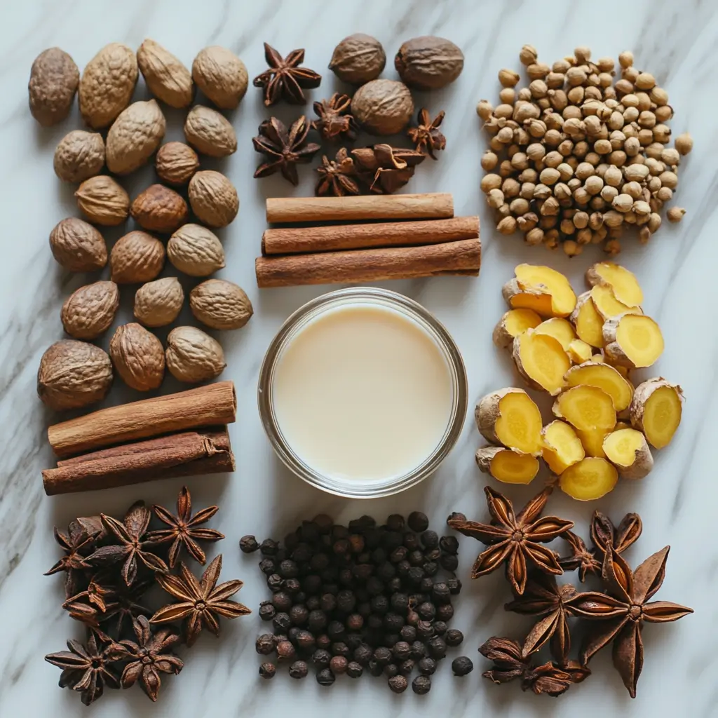 Ingredients for homemade chai spiced almond milk on a marble surface.