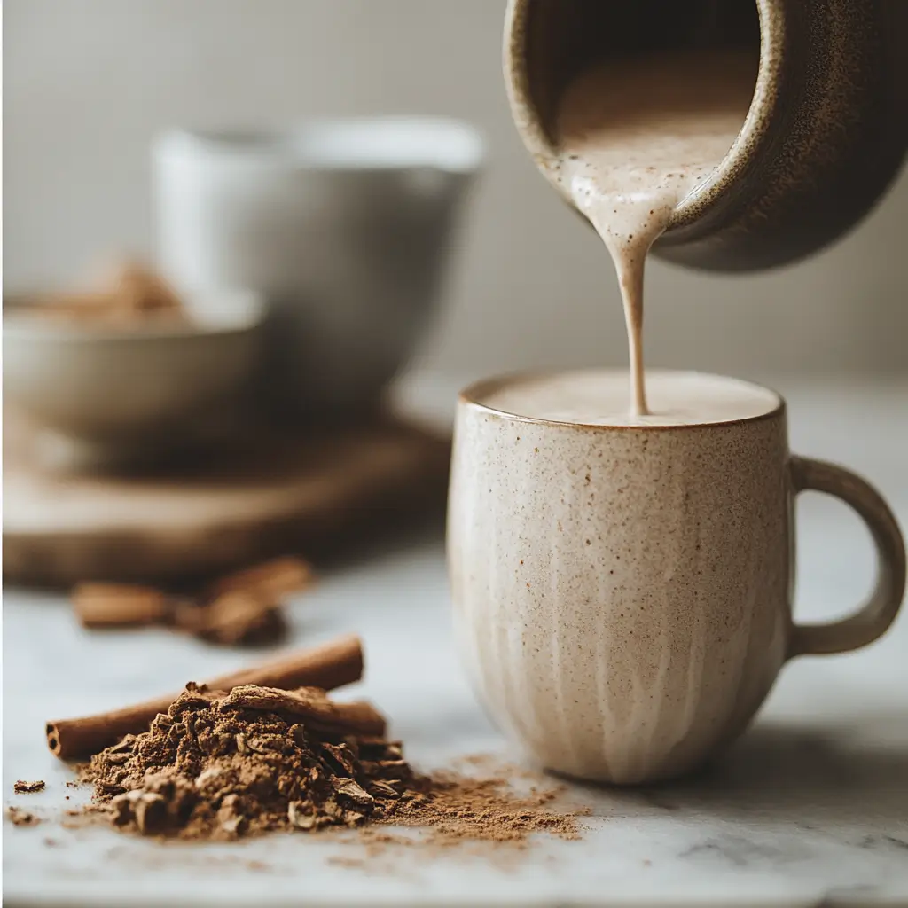 Steps showing how to prepare and froth chai spiced almond milk.