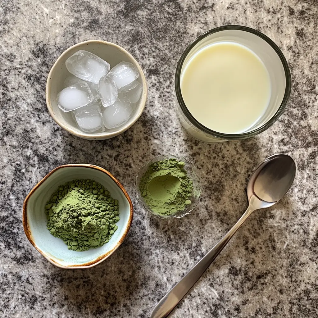Matcha powder, milk, water, and ice on a kitchen counter.