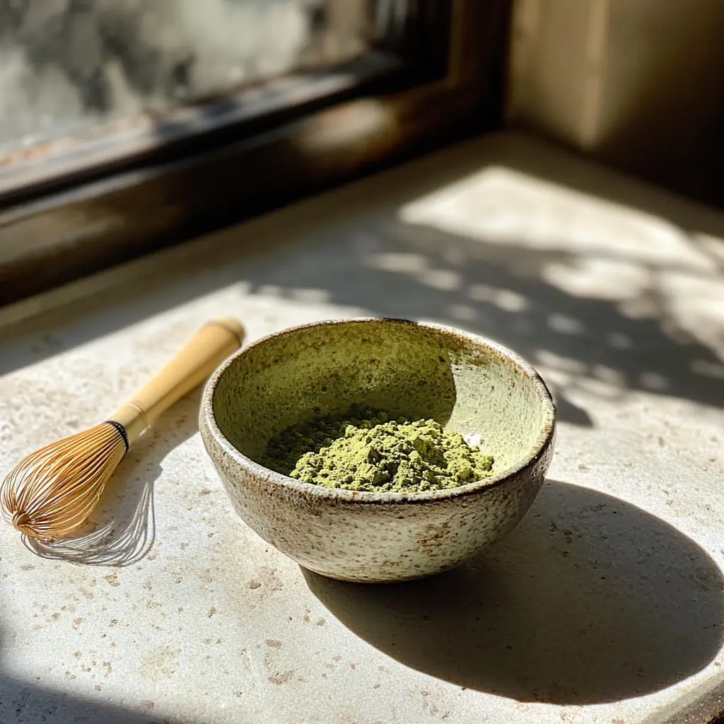Matcha powder in a bowl with hot water before mixing.