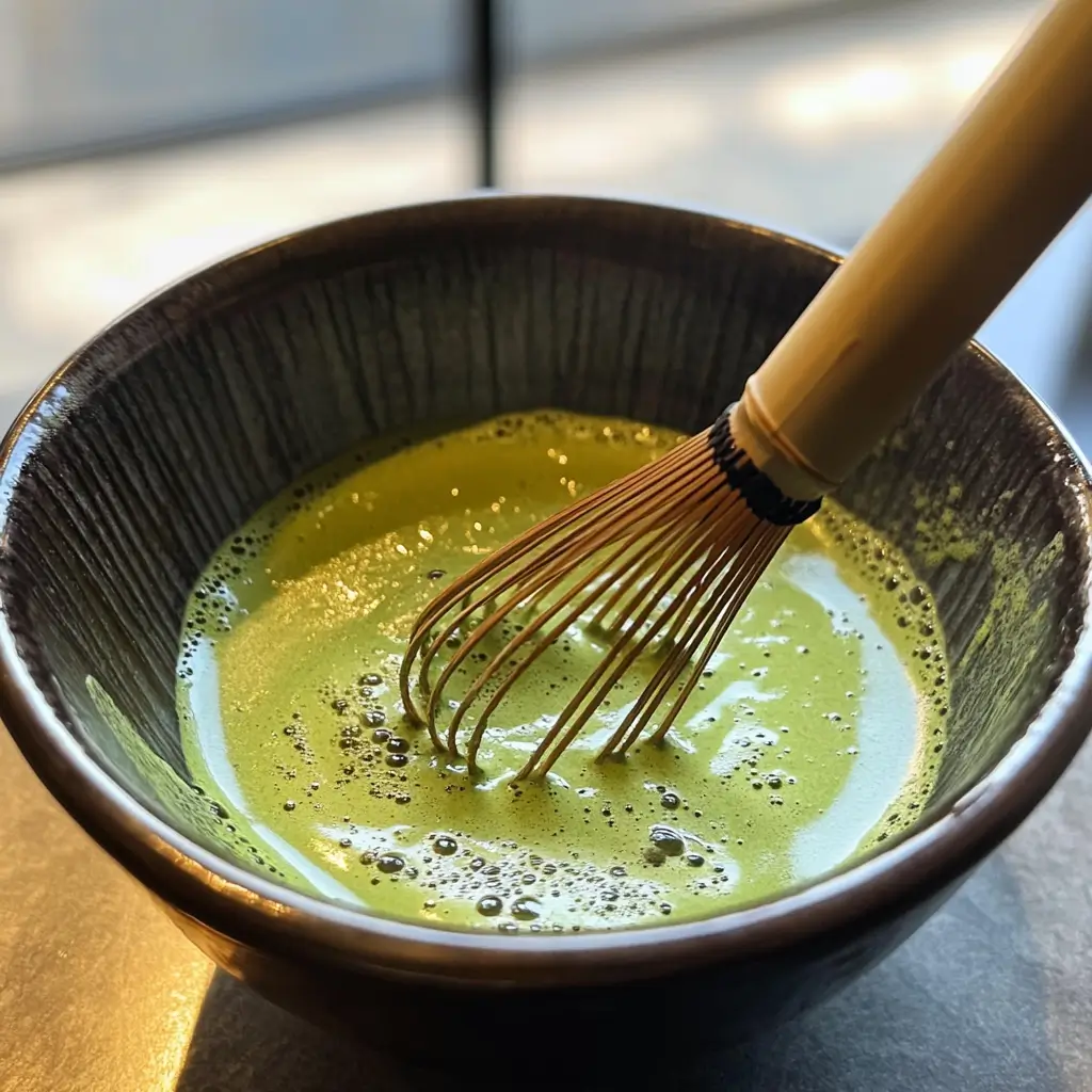 Matcha being whisked in a bowl on a kitchen counter.