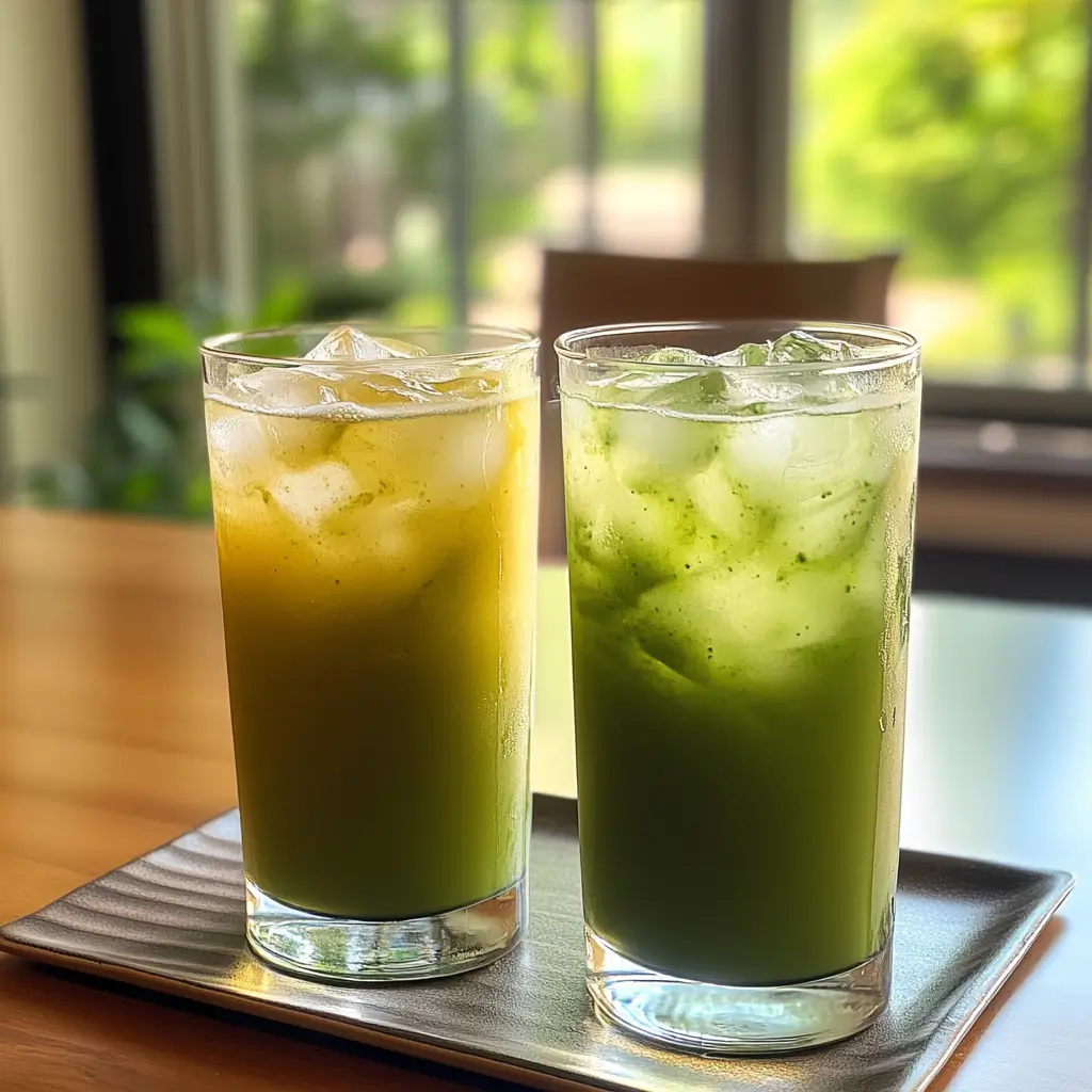 Two glasses of iced matcha green tea with different shades.