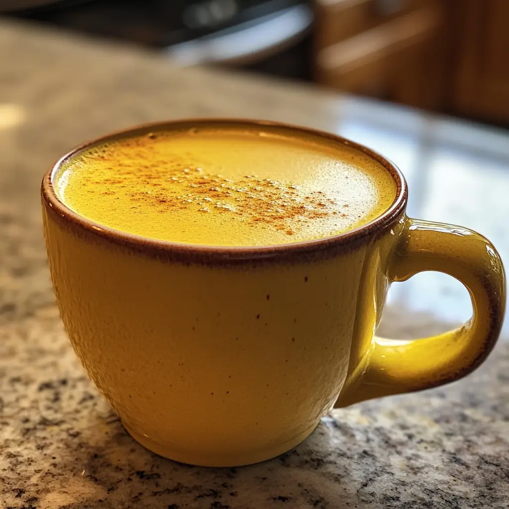 Turmeric latte in a mug on a kitchen counter.